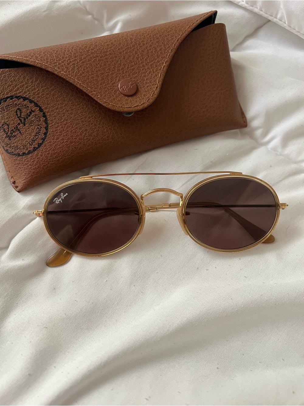 Ray-Ban Gold Frame Brown Lens Oval Sunglasses with Brown Case